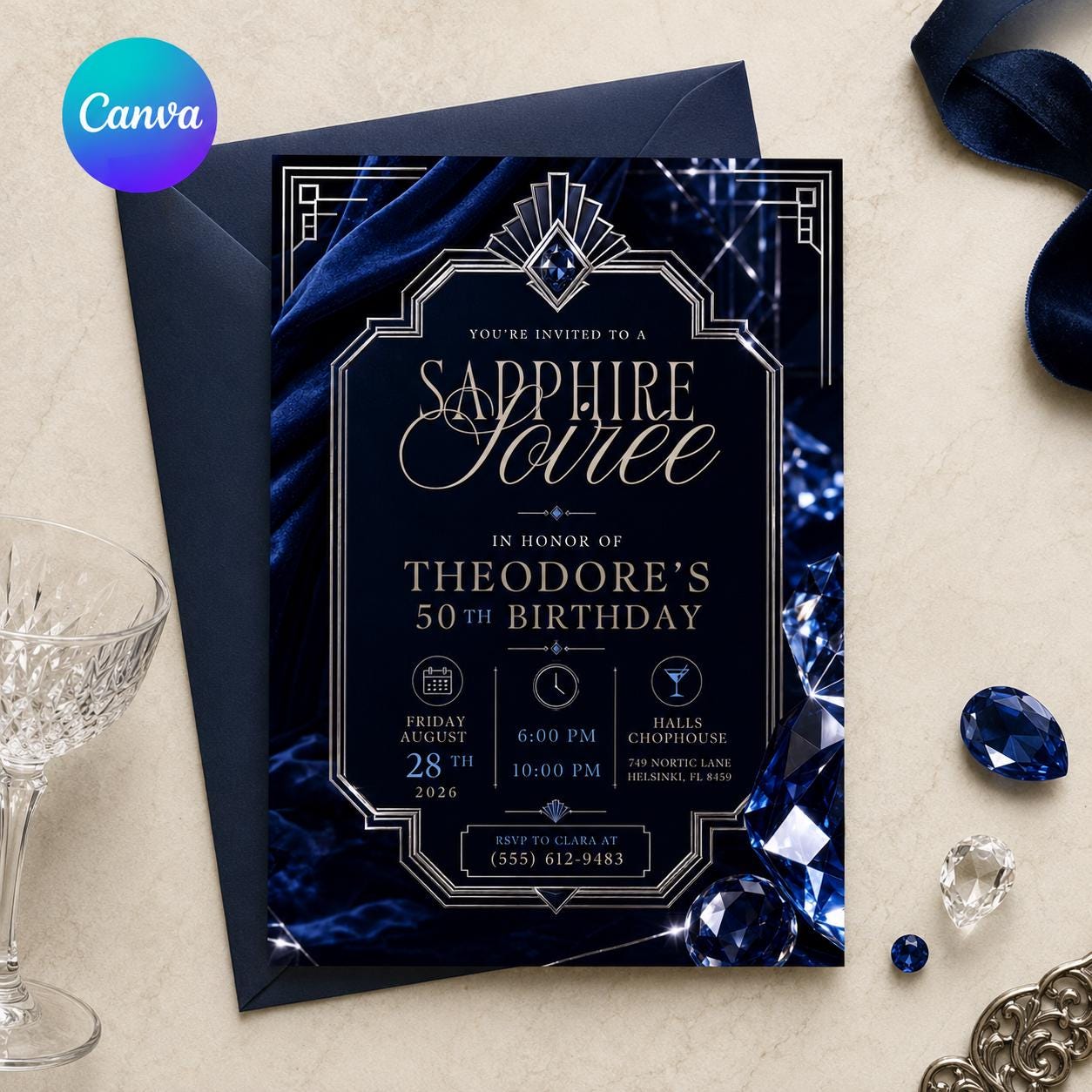 50th Birthday Invitation, Sapphire Jubilee Navy Blue Art Deco Cocktail Party Invite, Editable Printable Canva Template