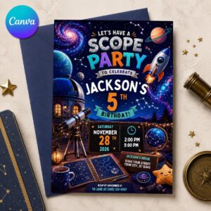 Outer Space Birthday Invitation, Telescope Galaxy 5th Birthday Party Invite for Kids, Editable Printable Canva Template
