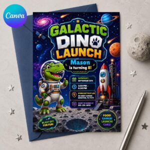 Space Dinosaur Birthday Invitation, Galactic Dino Launch 8th Birthday Party Invite, Editable Galaxy Printable Canva Template