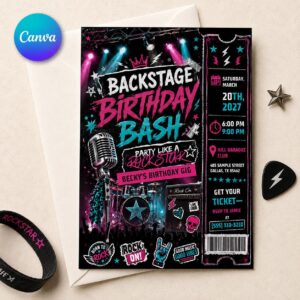 Rockstar Birthday Invitation, Backstage Pass Karaoke Party Ticket Invite for Girls, Editable Neon Printable Canva Template