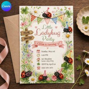 Ladybug 5th Birthday Invitation, Little Ladybug Garden Party Invite for Girls, Editable Watercolor Printable Canva Template