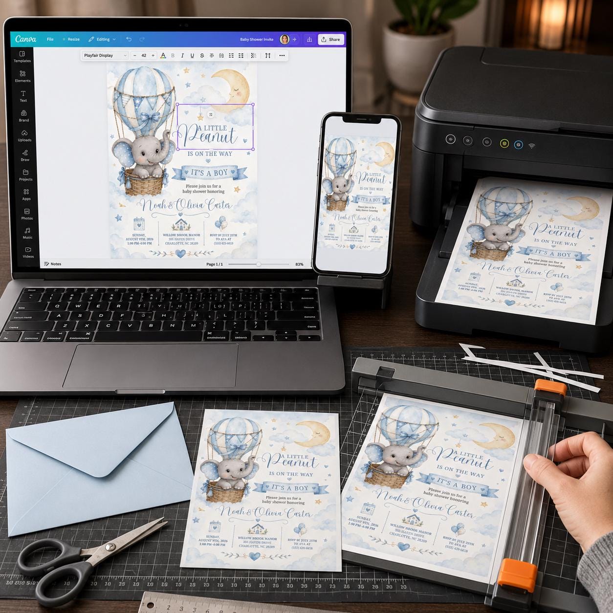 Elephant Baby Shower Invitation Boy, Little Peanut Hot Air Balloon Invite, Editable Printable Canva Template - Image 5