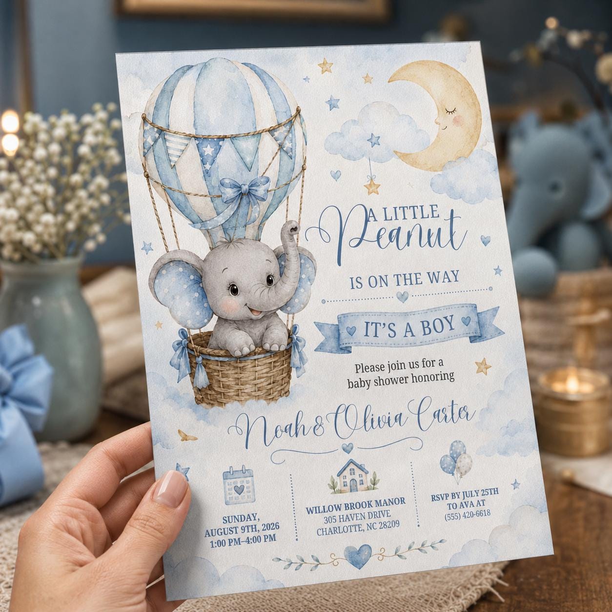 Elephant Baby Shower Invitation Boy, Little Peanut Hot Air Balloon Invite, Editable Printable Canva Template - Image 4