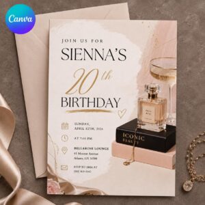 20th Birthday Invitation for Her, Chic Blush Gold Glam Party Invite, Editable Printable Canva Template