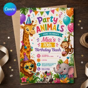 Party Animals Birthday Invitation, Colorful Safari Zoo 10th Birthday Party Invite, Editable Printable Canva Template
