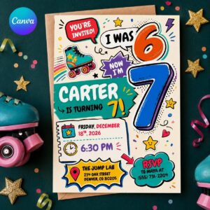 I Was 6 Now I'm 7 Birthday Invitation, Colorful Roller Skate Doodle 7th Party Invite, Editable Printable Canva Template