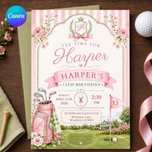 Girls Golf Birthday Invitation, Preppy Pink Tee Time 13th Birthday Party Invite, Editable Printable Canva Template