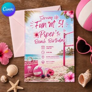 Beach Volleyball Birthday Invitation, Pink Tropical 5th Birthday Party Invite for Girls, Editable Printable Canva Template