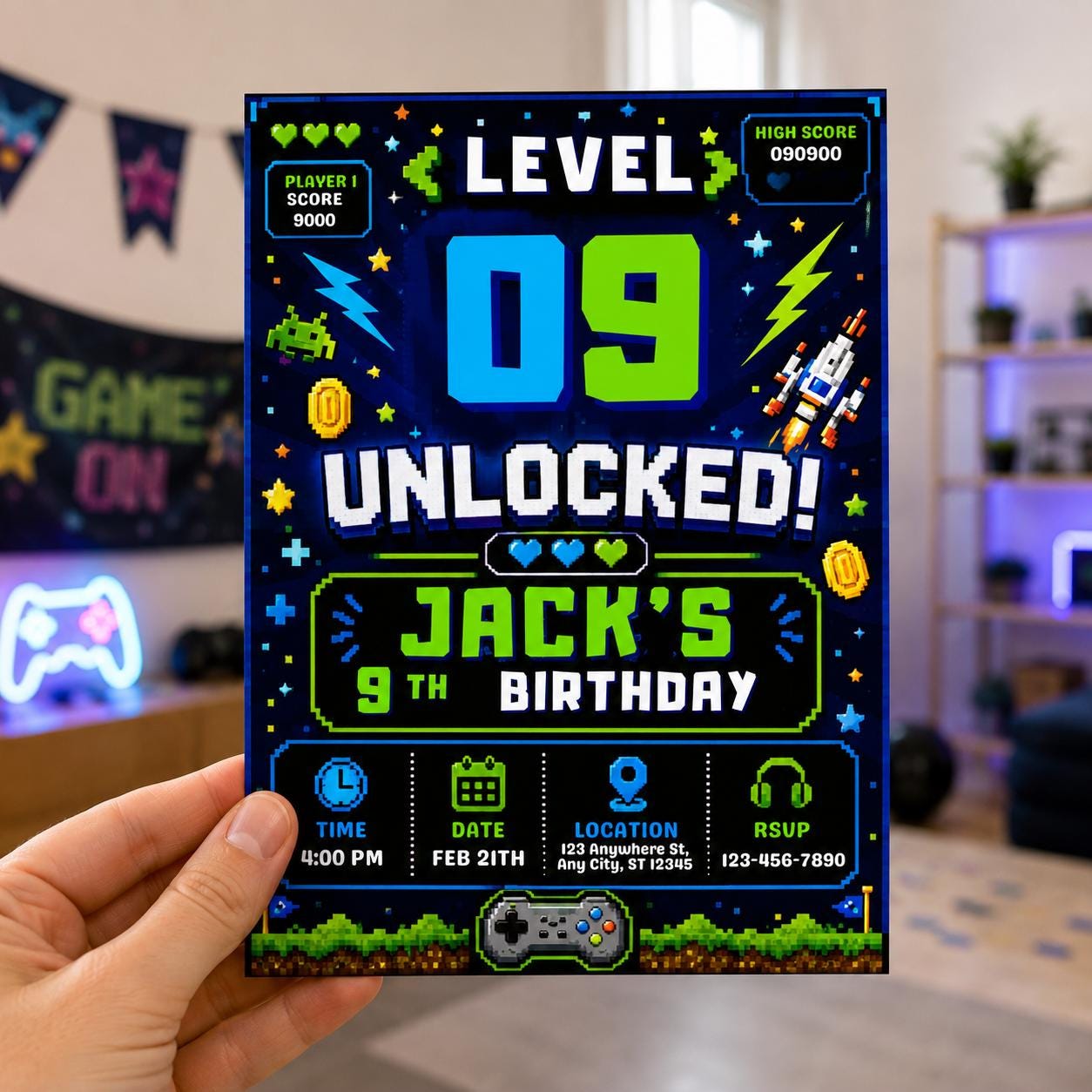 Gamer 9th Birthday Invitation, Level 9 Unlocked Video Game Party Invite for Boys, Editable Printable Canva Template - Image 3