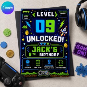 Gamer 9th Birthday Invitation, Level 9 Unlocked Video Game Party Invite for Boys, Editable Printable Canva Template