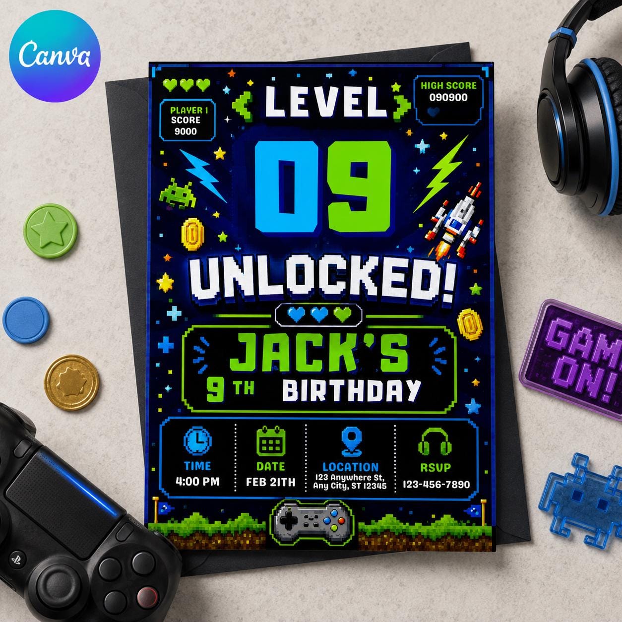 Gamer 9th Birthday Invitation, Level 9 Unlocked Video Game Party Invite for Boys, Editable Printable Canva Template