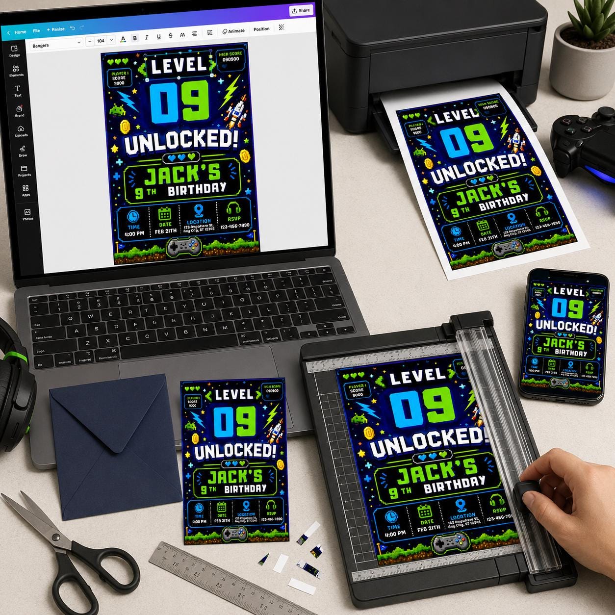 Gamer 9th Birthday Invitation, Level 9 Unlocked Video Game Party Invite for Boys, Editable Printable Canva Template - Image 4