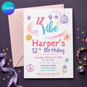 12th Birthday Invitation Girl, Pastel Disco Tween Party Invite, Twelve Is a Vibe Editable Printable Canva Template