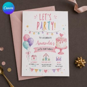 25th Birthday Invitation, Pastel Watercolor Cake and Balloons Party Invite for Her, Editable Printable Canva Template