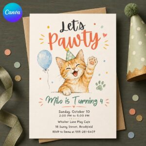 Cat Birthday Invitation, Let's Pawty 4th Birthday Kitten Party Invite, Watercolor Editable Printable Canva Template