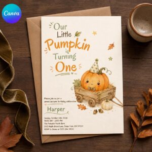 Pumpkin First Birthday Invitation, Our Little Pumpkin Turning One Fall Party Invite, Editable Printable Canva Template