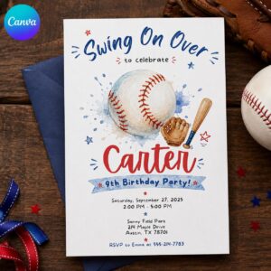 Baseball Birthday Invitation, 9th Birthday Boy Watercolor Sports Party Invite, Editable Printable Canva Template