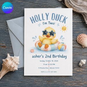 Duck 2nd Birthday Invitation, Holy Duck I'm Two Watercolor Pool Party Invite, Editable Printable Canva Template