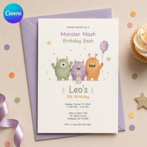 Monster Birthday Invitation, 5th Birthday Monster Mash Party Invite, Cute Watercolor Editable Printable Canva Template