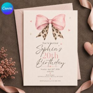 20th Birthday Invitation, Pink Coquette Bow Leopard Print Party Invite, Elegant Editable Printable Canva Template