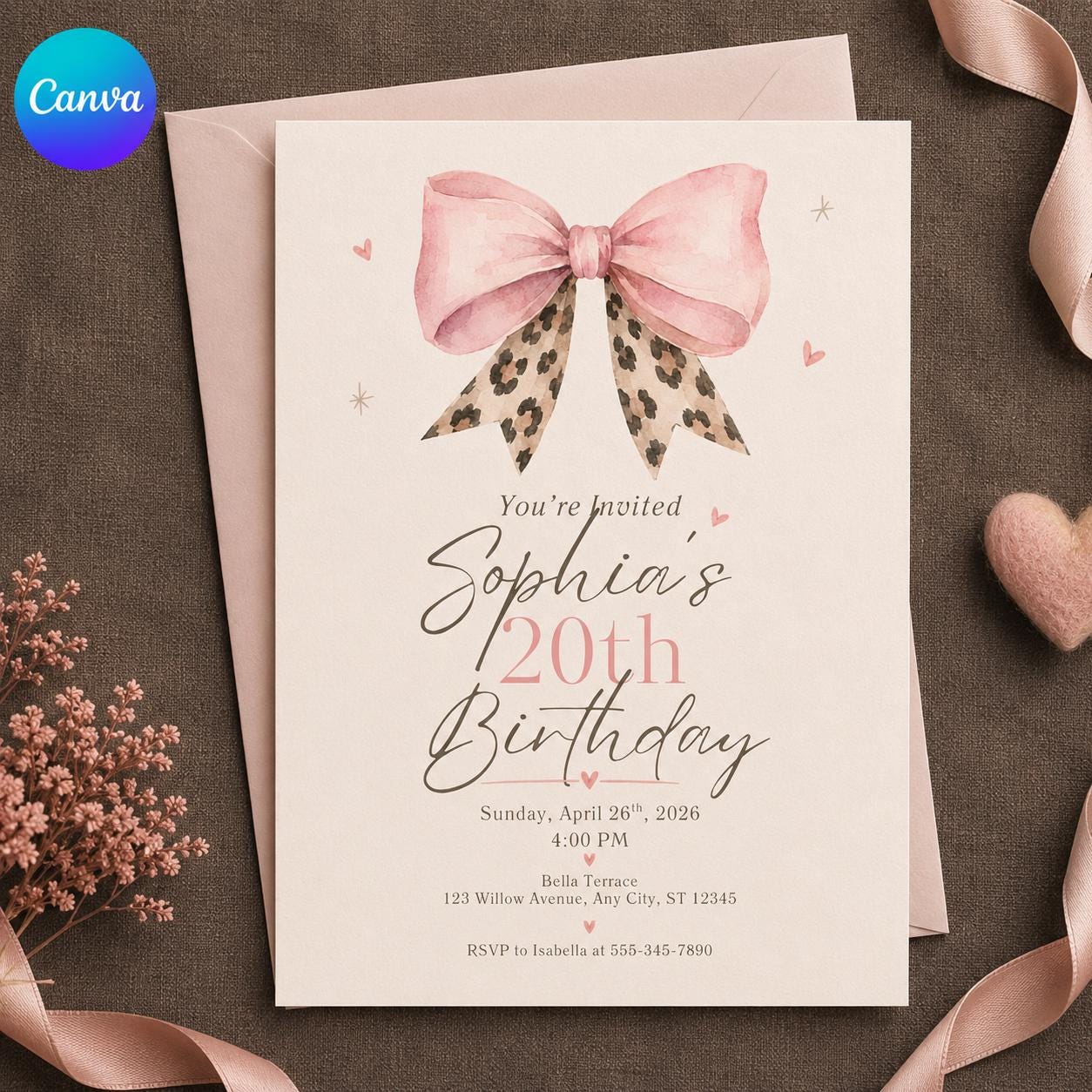 20th Birthday Invitation, Pink Coquette Bow Leopard Print Party Invite, Elegant Editable Printable Canva Template