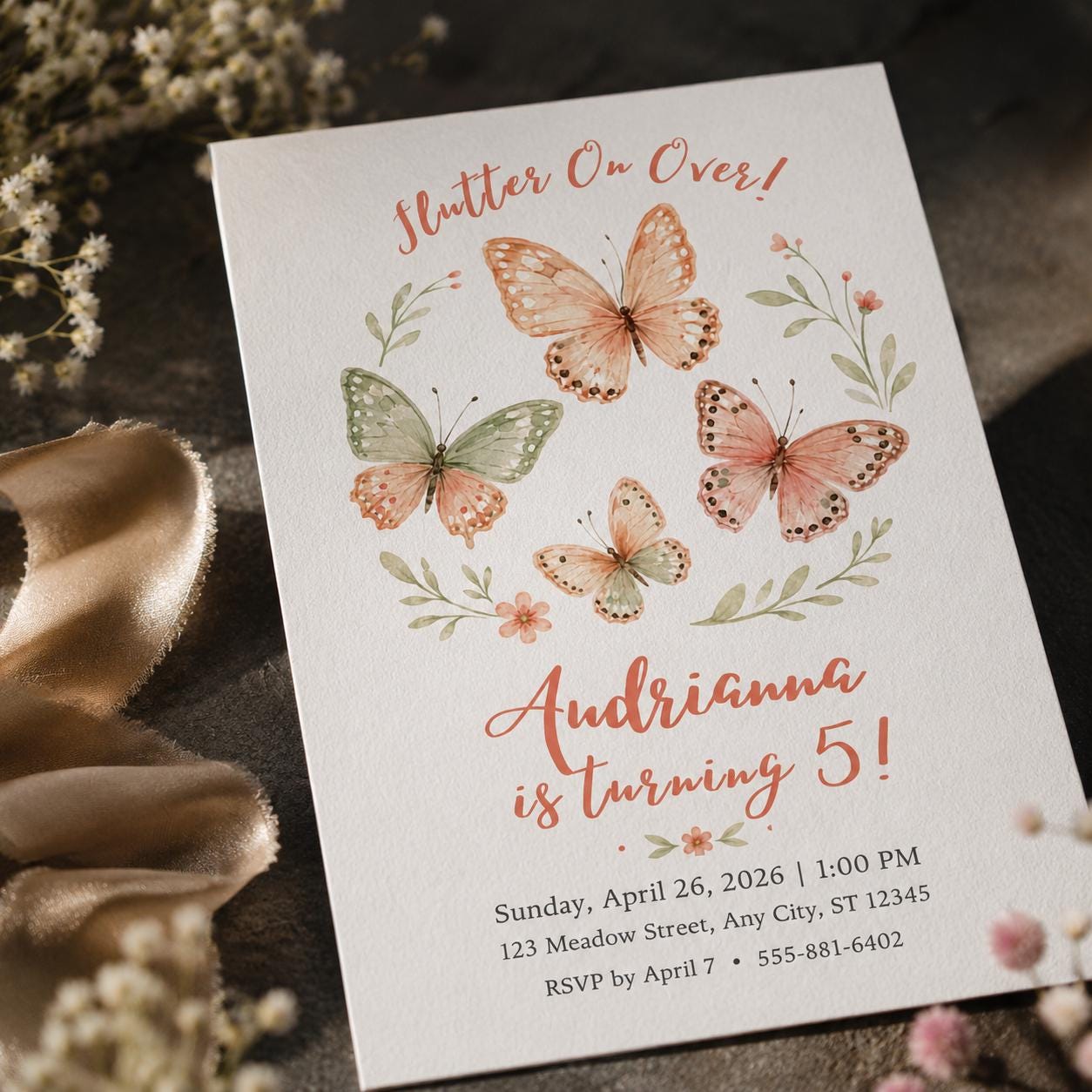 Butterfly Birthday Invitation, 5th Birthday Girl Floral Party Invite, Flutter On Over Watercolor Editable Printable Canva Template - Image 3
