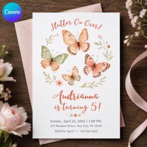 Butterfly Birthday Invitation, 5th Birthday Girl Floral Party Invite, Flutter On Over Watercolor Editable Printable Canva Template