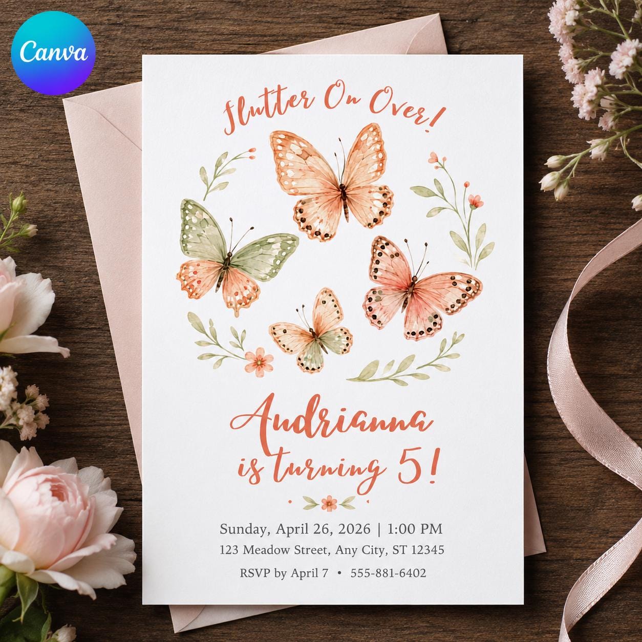 Butterfly Birthday Invitation, 5th Birthday Girl Floral Party Invite, Flutter On Over Watercolor Editable Printable Canva Template