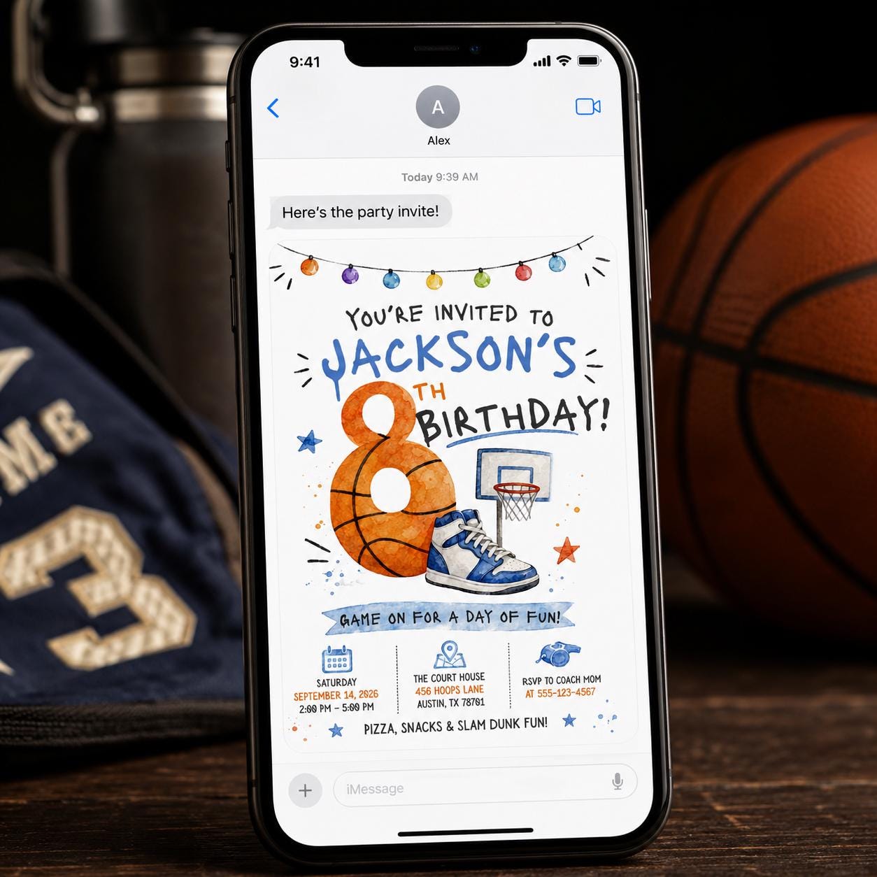 Basketball Birthday Invitation, 8th Birthday Boy Sports Party Invite, Watercolor Slam Dunk Editable Printable Canva Template - Image 5