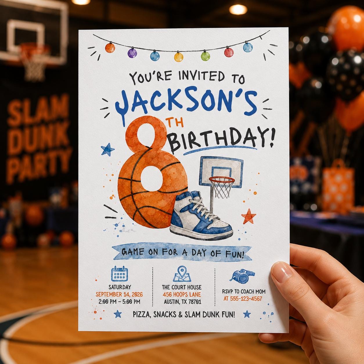 Basketball Birthday Invitation, 8th Birthday Boy Sports Party Invite, Watercolor Slam Dunk Editable Printable Canva Template - Image 6
