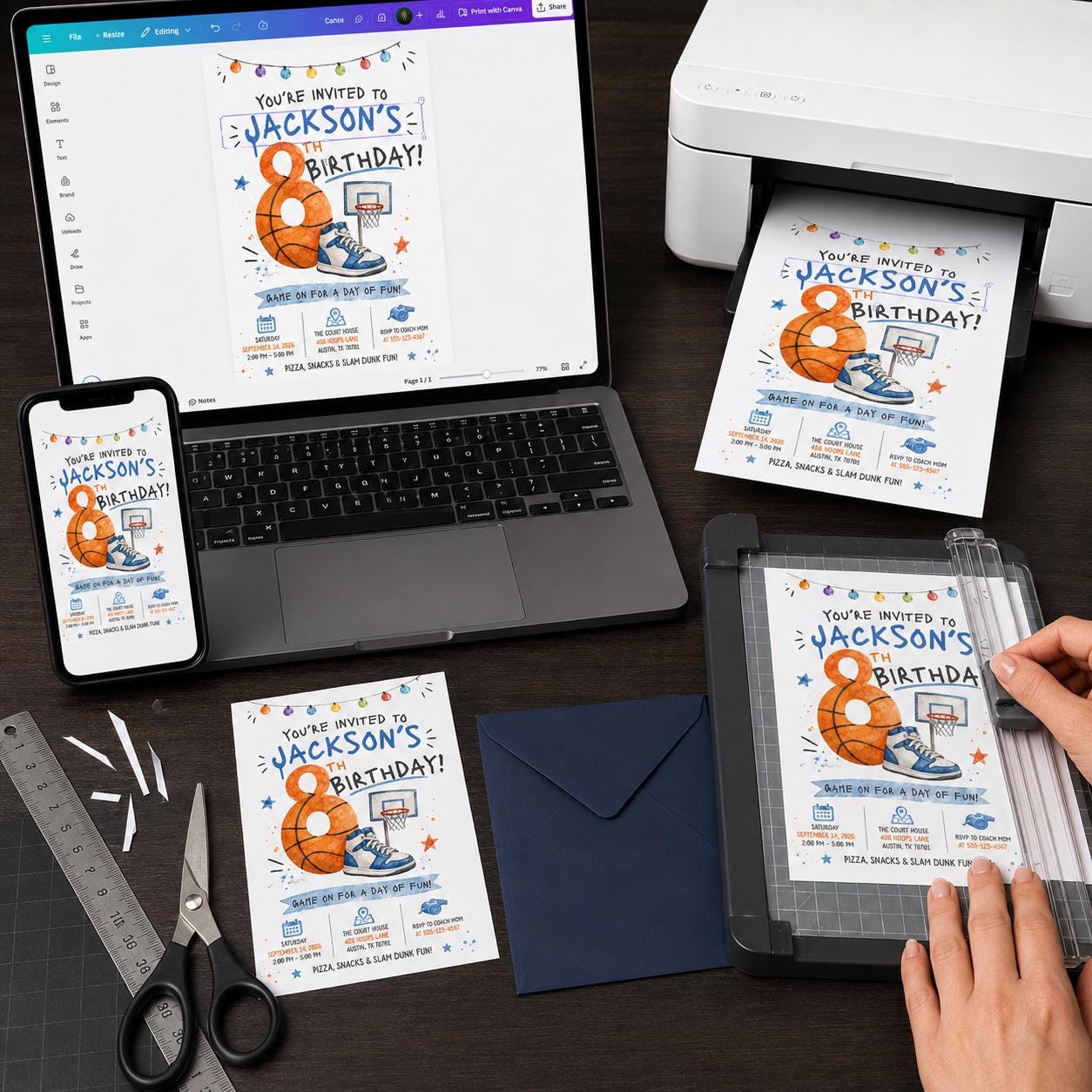 Basketball Birthday Invitation, 8th Birthday Boy Sports Party Invite, Watercolor Slam Dunk Editable Printable Canva Template - Image 3