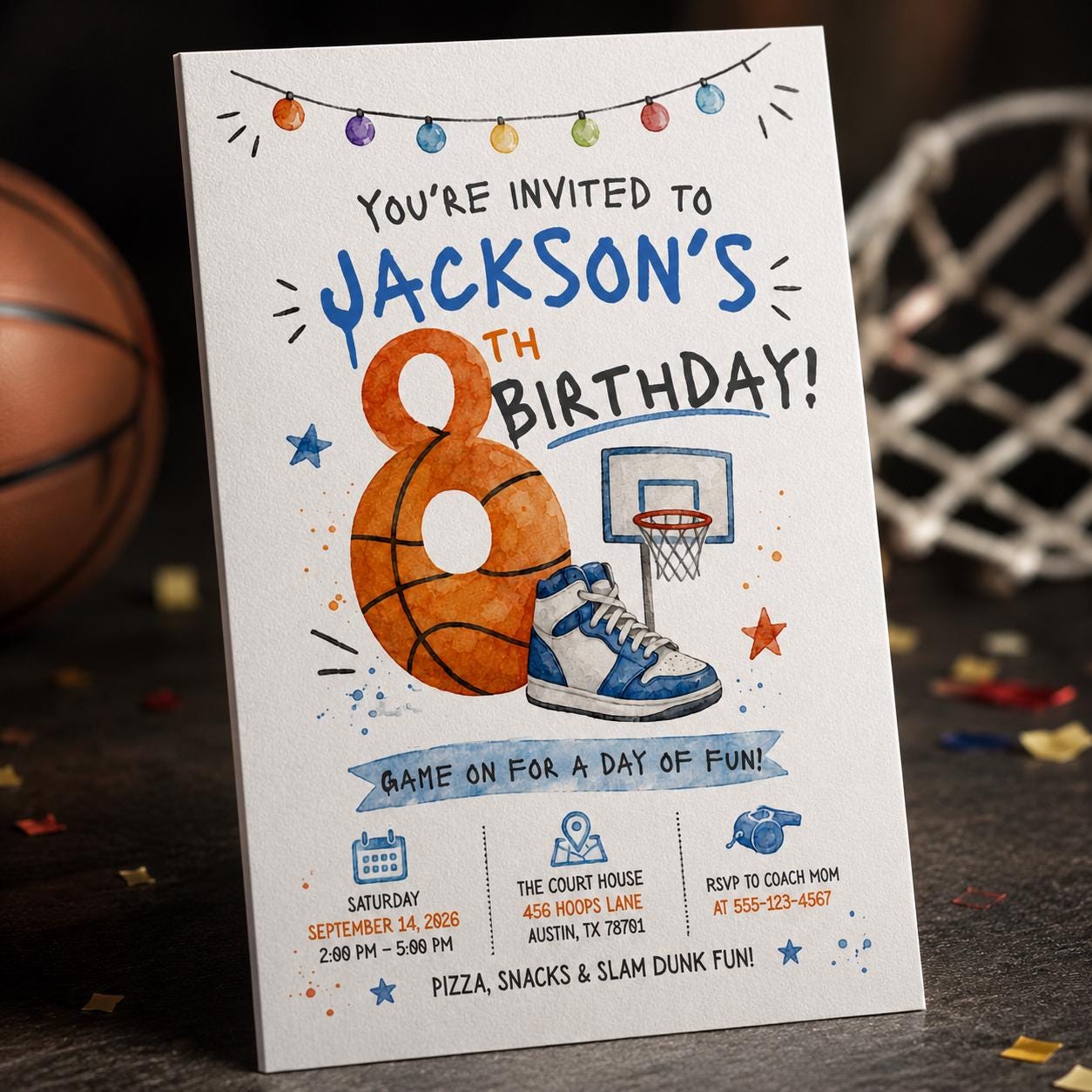 Basketball Birthday Invitation, 8th Birthday Boy Sports Party Invite, Watercolor Slam Dunk Editable Printable Canva Template - Image 4