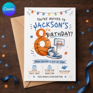 Basketball Birthday Invitation, 8th Birthday Boy Sports Party Invite, Watercolor Slam Dunk Editable Printable Canva Template