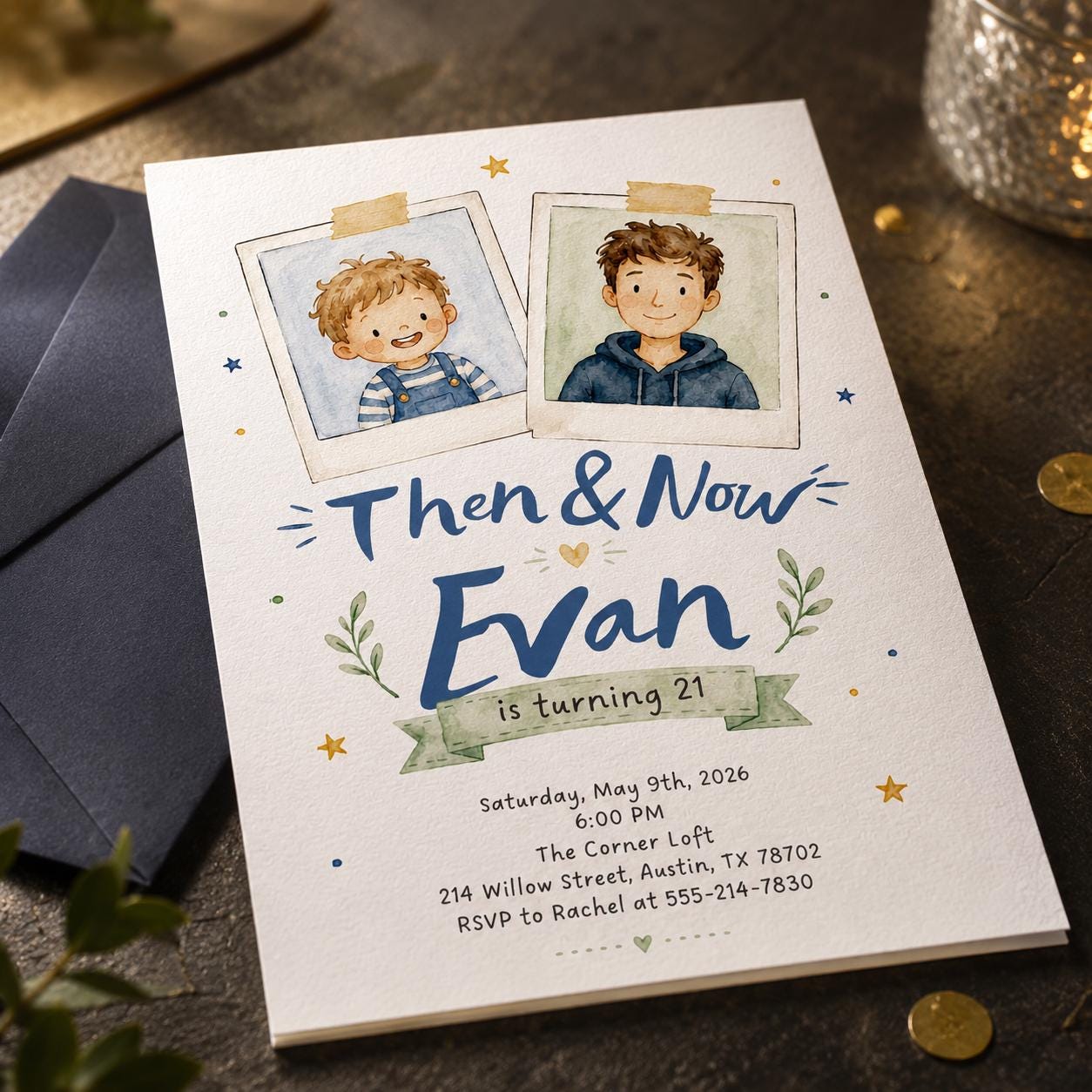 21st Birthday Photo Invitation, Then and Now Polaroid Party Invite, Milestone Editable Printable Canva Template - Image 6