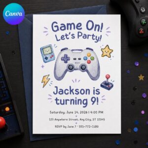 Video Game Birthday Invitation, 9th Birthday Gamer Party Invite, Watercolor Controller Editable Printable Canva Template