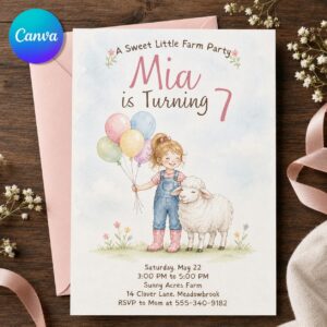 Farm Girl Birthday Invitation, 7th Birthday Sheep Party Invite, Sweet Little Farm Watercolor Editable Printable Canva Template