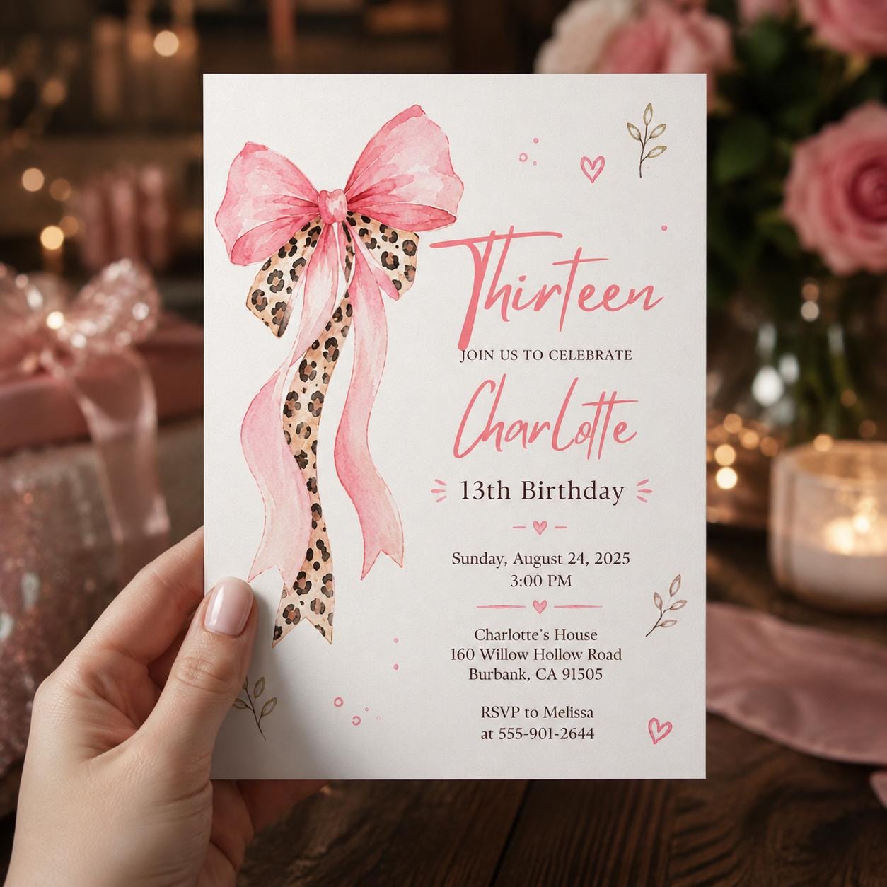 13th Birthday Invitation Girl, Pink Coquette Bow Leopard Party Invite, Teen Editable Printable Canva Template - Image 4