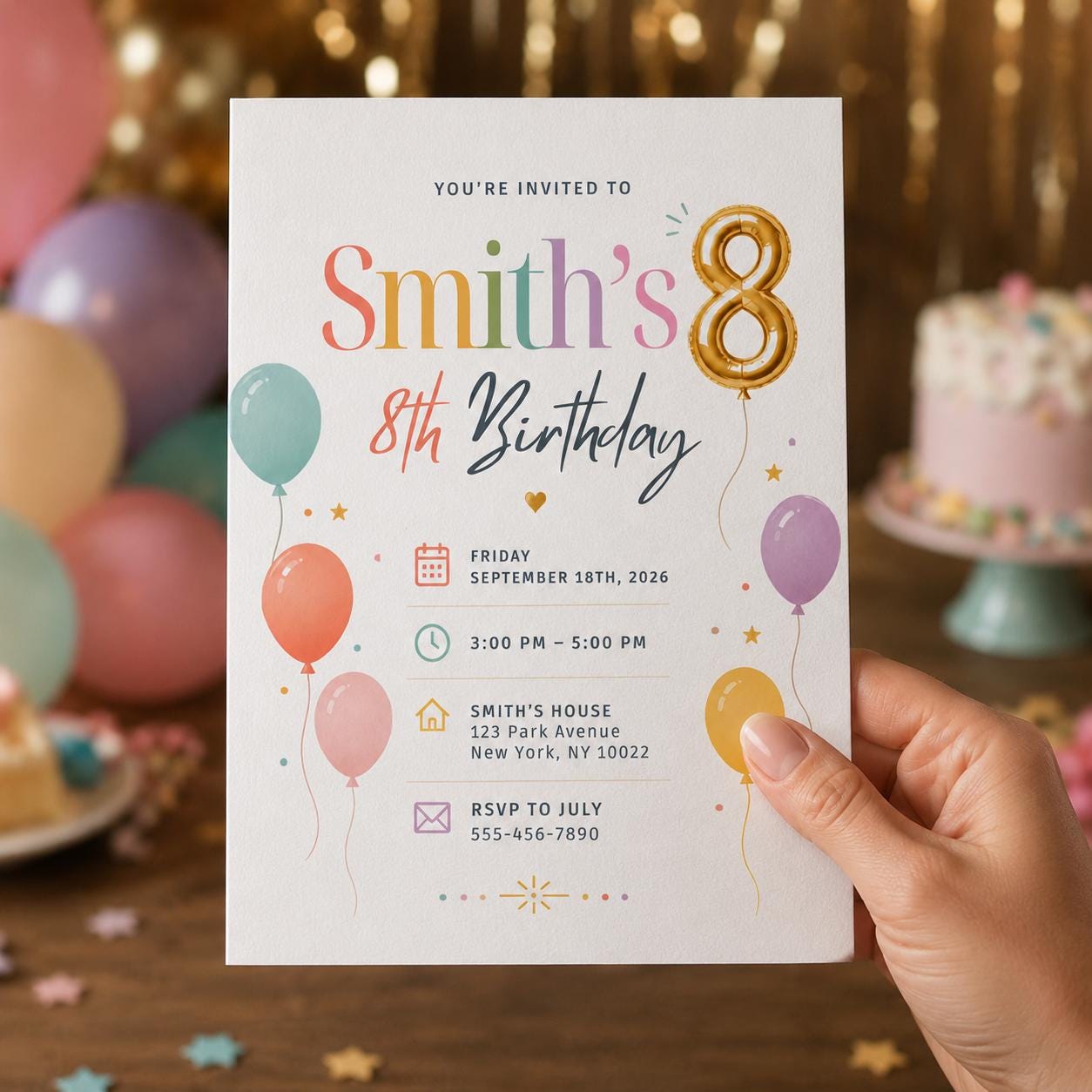 8th Birthday Invitation, Pastel Balloon Party Invite, Colorful Minimal Editable Printable Canva Template - Image 5