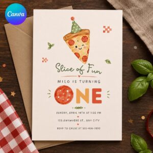 Pizza First Birthday Invitation, Slice of Fun Pizza Party Invite, Cute Watercolor Editable Printable Canva Template