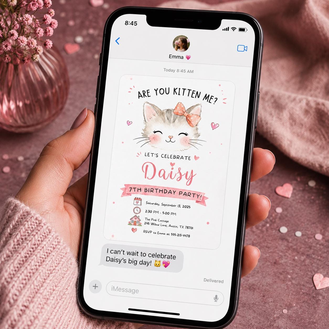 Kitten Birthday Invitation Girl, Are You Kitten Me Pink Cat 7th Party Invite, Watercolor Editable Printable Canva Template - Image 3