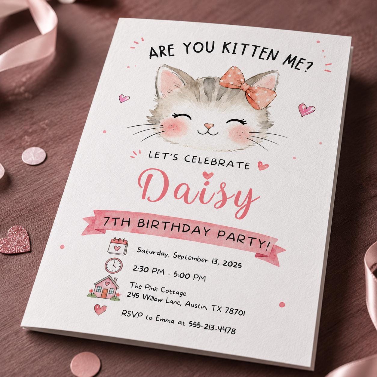 Kitten Birthday Invitation Girl, Are You Kitten Me Pink Cat 7th Party Invite, Watercolor Editable Printable Canva Template - Image 6
