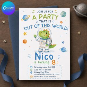 Space Dinosaur Birthday Invitation, Astronaut Dino 8th Birthday Party Invite, Out of This World Editable Printable Canva Template