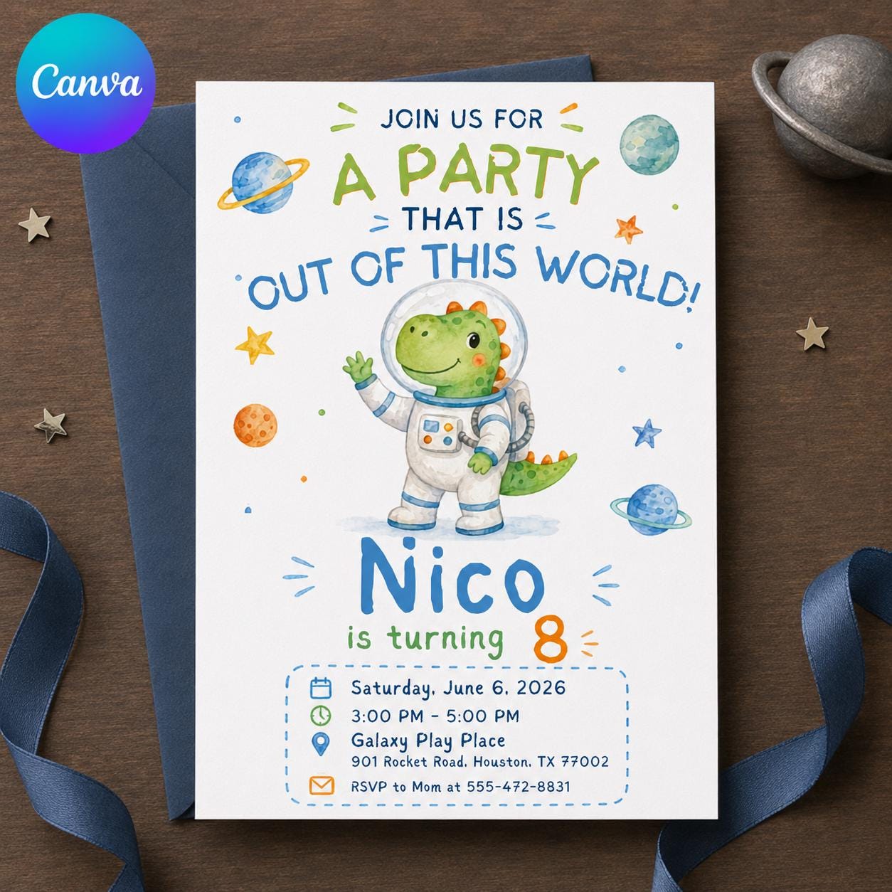 Space Dinosaur Birthday Invitation, Astronaut Dino 8th Birthday Party Invite, Out of This World Editable Printable Canva Template