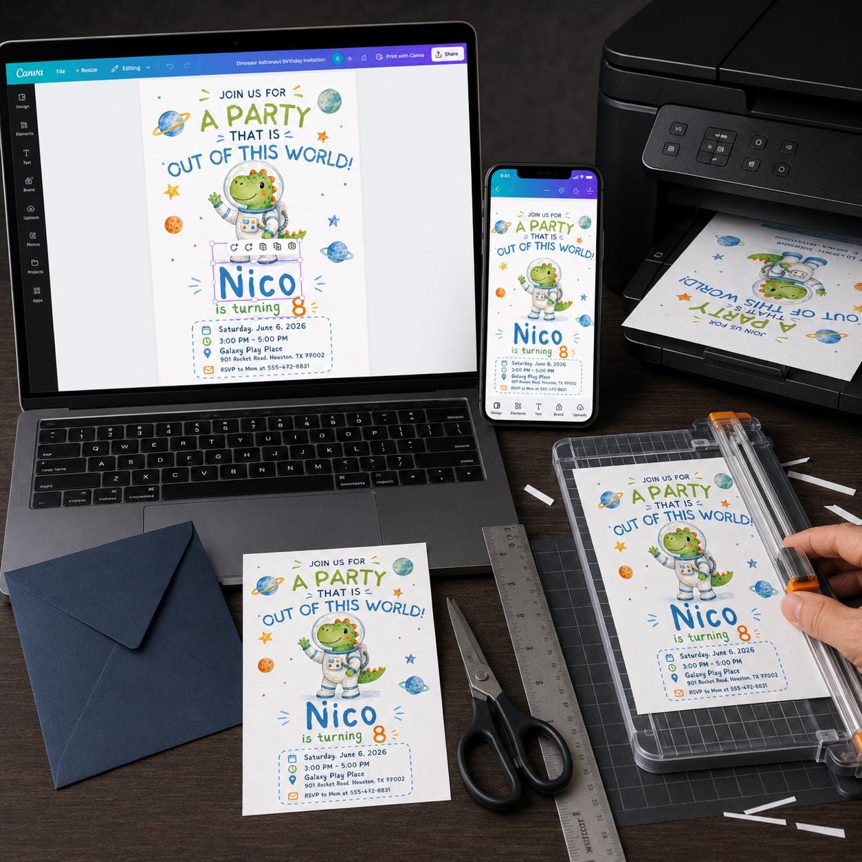 Space Dinosaur Birthday Invitation, Astronaut Dino 8th Birthday Party Invite, Out of This World Editable Printable Canva Template - Image 5