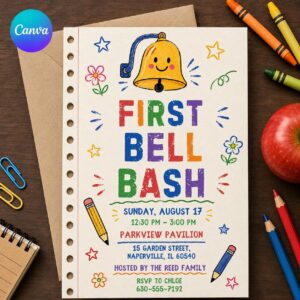 Back to School Bash Invitation, First Bell School Party Invite, Colorful Editable Printable Canva Template