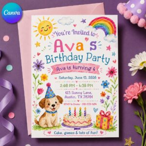 Puppy Birthday Invitation Girl, Colorful Watercolor Dog Party Invite, Editable Printable Canva Template