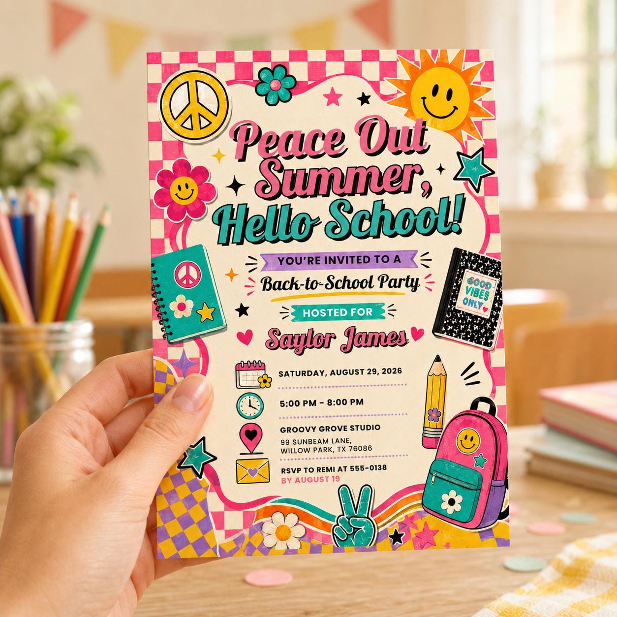 Back to School Party Invitation, Retro Groovy End of Summer School Bash Invite, Editable Printable Canva Template - Image 6