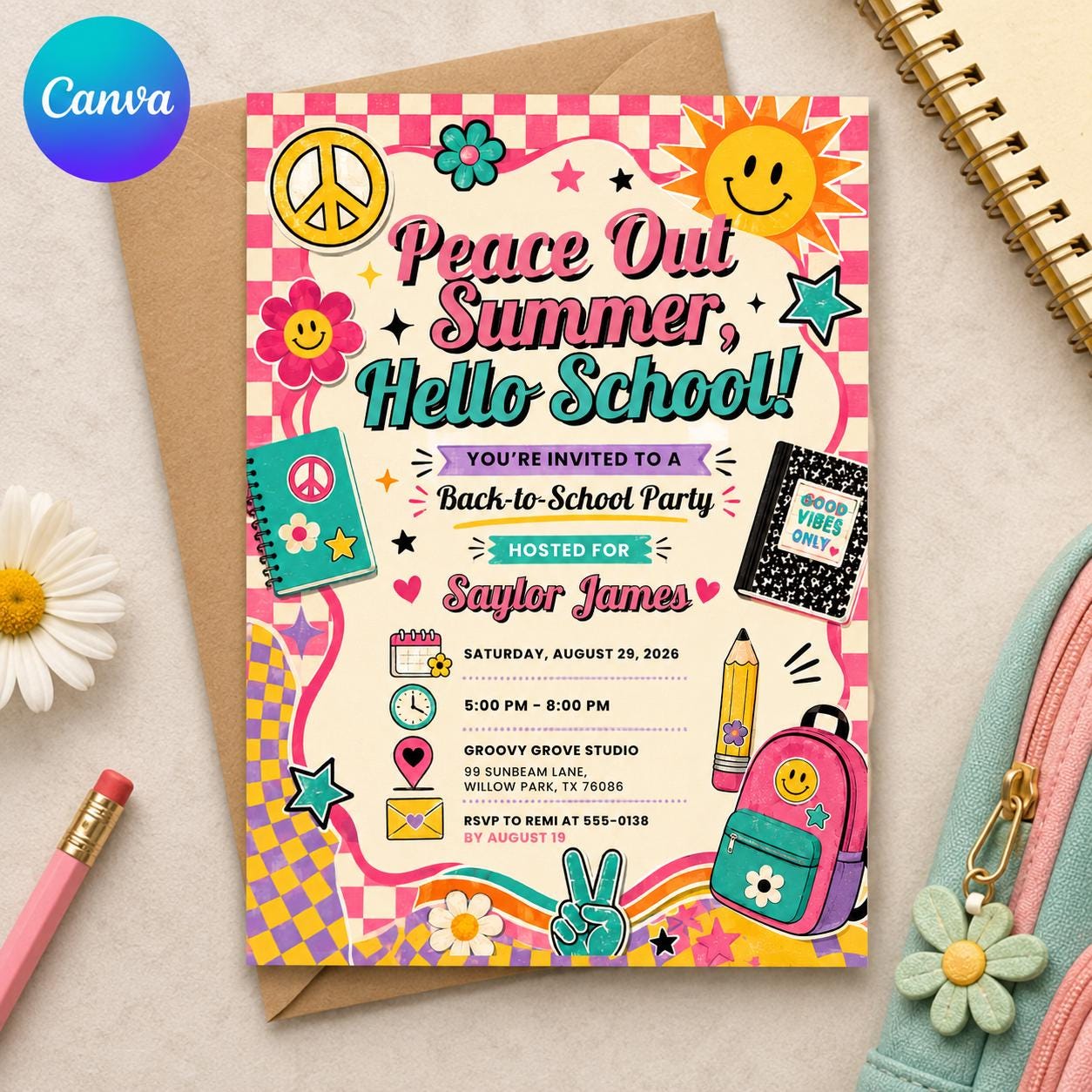 Back to School Party Invitation, Retro Groovy End of Summer School Bash Invite, Editable Printable Canva Template