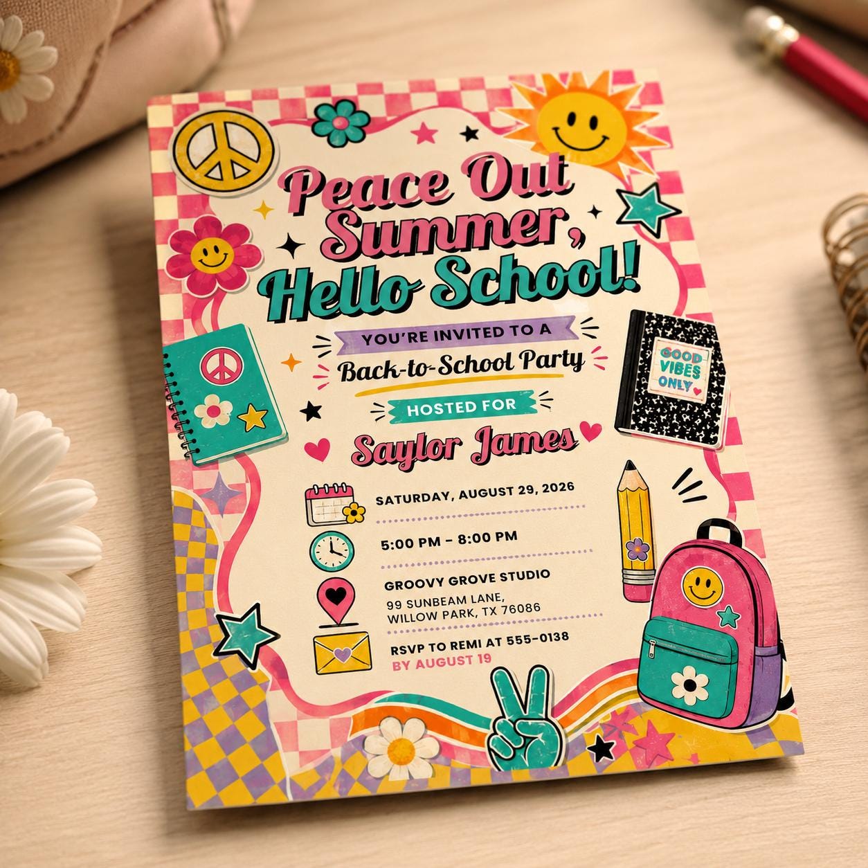 Back to School Party Invitation, Retro Groovy End of Summer School Bash Invite, Editable Printable Canva Template - Image 4