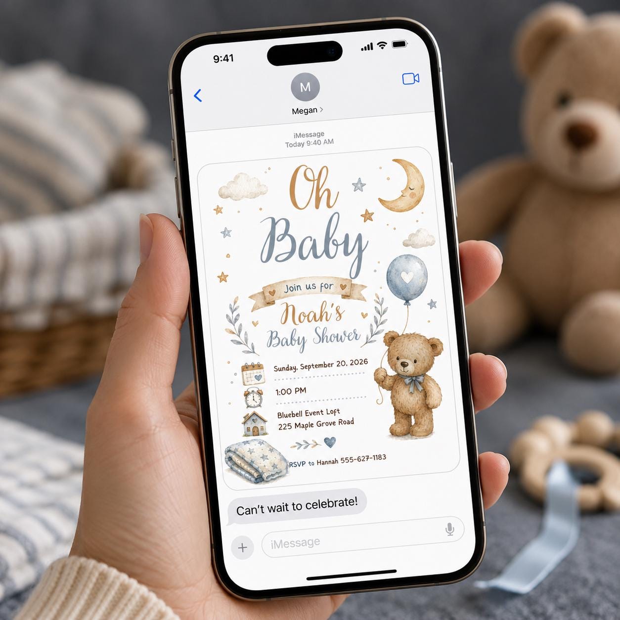 Teddy Bear Baby Shower Invitation, Baby Boy Moon and Stars Invite, Blue Watercolor Editable Printable Canva Template - Image 4